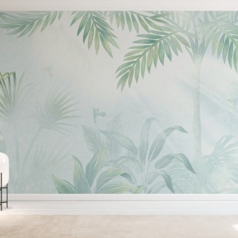 Fototapet cu junglă în ceață, cu frunze și palmieri