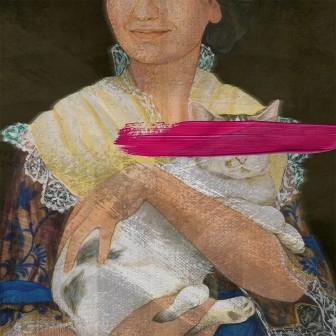 Tapet modern cu o femeie care ține o pisică albă în brațe, cu o pată de roșu pe fundal.