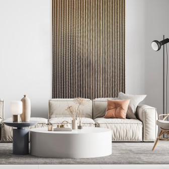 Panou decorativ riflat 3D stejar auriu într-un living modern